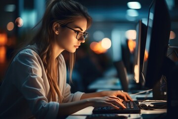 Aufkleber - Extreme close up Female Web developer working in a modern office, Modern clean highlight room.