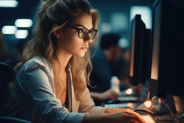 Aufkleber - Extreme close up Female Web developer working in a modern office, Modern clean highlight room.