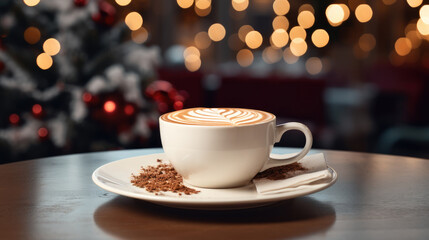 Empty Christmas decorated cafe, Coffee with hot cocoa on table in the foreground.