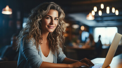 Poster - Smiling woman is at the online meeting with colleagues.