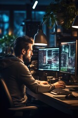 A software developer coding working in modern office.
