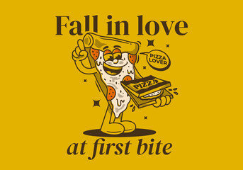 Sticker - Fall in love at first bite. Character of pizza holding a box pizza