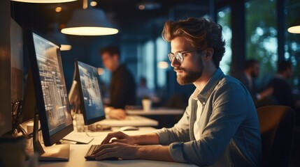 Aufkleber - Software engineer seated in a modern office space. Focused expression as they work on lines of code.