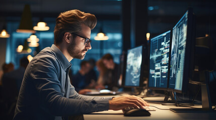 Aufkleber - Software engineer seated in a modern office space. Focused expression as they work on lines of code.