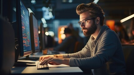 Aufkleber - Software engineer seated in a modern office space. Focused expression as they work on lines of code.