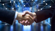 © Gennie Fx - man and women shaking hands after an interview, both wearing suits, blue big data connections. generative AI