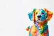 cute dog painted with multicolored paints on solid bright white background. ai generative