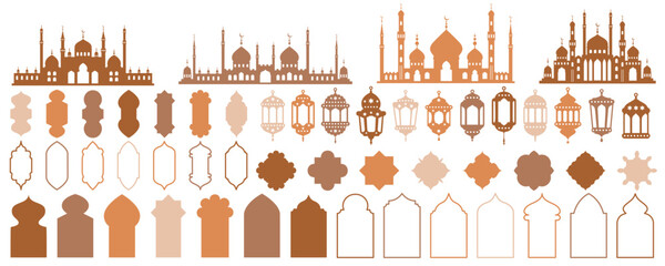 ramadan muslim vector shapes set. islamic mosque window frames and lanterns silhouettes. traditional