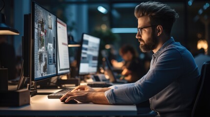 Fototapete - Male front end developer coding working at desktop computer.