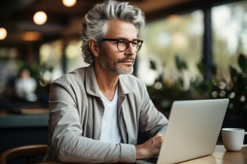 Aufkleber - Senior male professional working on laptop in open space office, Male entrepreneur working remotely.