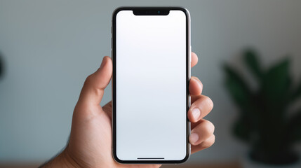 Poster - Hand holding a smartphone with a blank screen, against a blurred background.