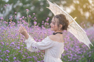 A pretty young Asian girl in a white dress among the beautiful verbena flowers blooming in the field. Portrait fashion natural garden.