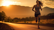 Strong And Fit Disabled Woman With A Prosthetic Leg Running On The Road Outdoor