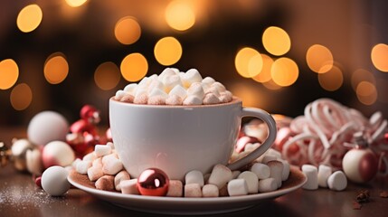 Wall Mural - A cup of steaming hot chocolate with marshmallows surrounded, Christmas decoration.