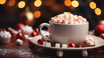 Wall Mural - A cup of steaming hot chocolate with marshmallows surrounded, Christmas decoration.