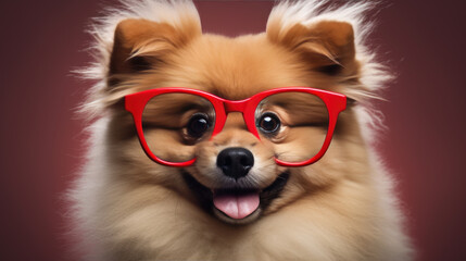 Poster - ?lose-up of a cheerful Pomeranian dog wearing red, heart-shaped sunglasses against a vibrant red background