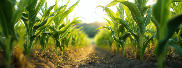 Poster - Green cornfield with the sun peeking through the leaves