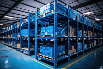 Fototapete - The shelves in a large warehouse have blue trays. Generative AI.