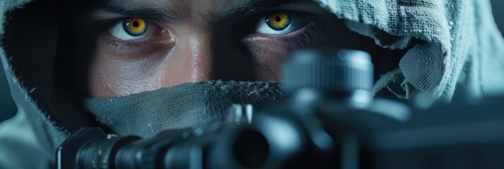 Wall Mural - Close up of a sniper in a hood. Generative AI.