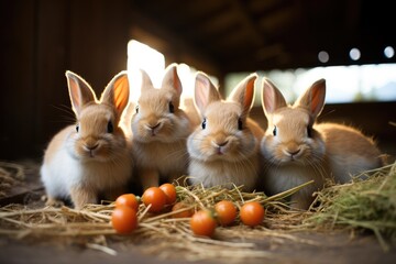 Wall Mural - Group of rabbits feasting on carrots in a barn. Generative AI.