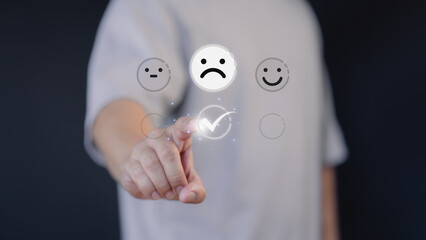 Poster - Customer give point for service with angry emotion face on virtual screen, bad review, client dislike service and quality, low rating, social. Business testimonial of customer experience dissatisfied.