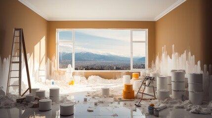 Aufkleber - The walls are in the process of being painted in light brown, Paint buckets, Paint rollers and brushes. Generative AI.