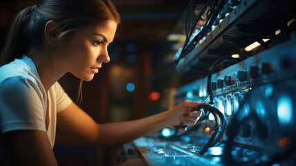 Poster - A focused maintenance technician woman working on complex machinery. Generative AI.