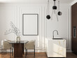 © mtlapcevic - Frame mockup, ISO A paper size. Living room wall poster mockup. Interior mockup with house background. Modern interior design. 3D render