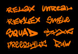 Fototapeta  - Collection of graffiti street art tags with words and symbols in orange color on black background