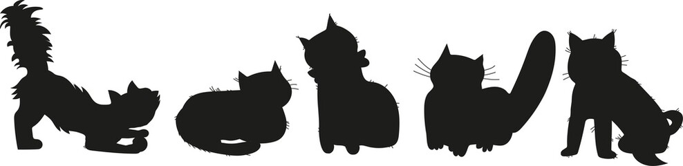 Cat or kitten silhouette set for pets care and veterinary projects. Black outline cat icons or a domestic pet design collection.