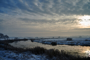 Wall Mural - floes on the Warta River and snow-covered bushes and trees during winter