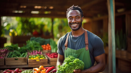 Wall Mural - A male farmer holds a wooden box of fresh vegetables