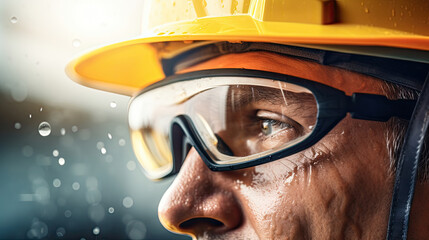 Wall Mural - Closeup of Professional Construction Worker Wearing Yellow Hard Hat, Protective Glasses and Gloves. Industrial Safety Equipment Theme, Generative AI