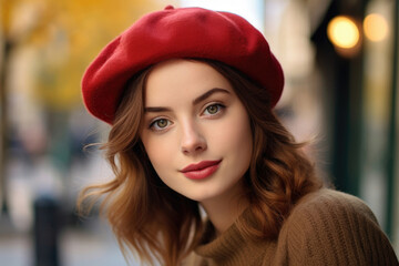 Wall Mural - Beautiful French woman wearing a red beret
