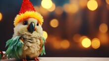 Cute Parrot Toy On Christmas Background.