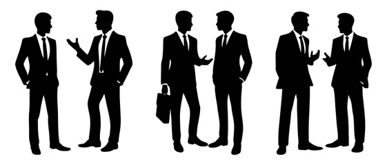 Two businessman talking silhouette black filled vector Illustration icon - Series of Businessmen Engaging in Conversation and Exchange of Ideas