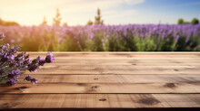 Wooden Surface Background With Purple Lavender Field Blurred Background, Natural Light. Innovative AI.