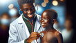 A young male doctor in a remote African village carries out a a health check on a young African boy.