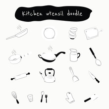 Cooking Kitchen Doodle Sketch.  Hand Drawn Lines Kitchen Cooking Tools And Appliances, Kitchenware, Utensil Cartoon