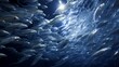  a shoal of silvery fish moving in perfect harmony, creating a fluid, choreographed dance in the deep blue sea.