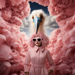 An American shot of a woman wearing a pink dress, pink sunglasses and hair made of ruffled chiffon. She is surrounded by pink decorations. There is an exotic bird above her head.