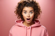 © Gonzalo - Portrait of impressed speechless young girl open mouth staring cant believe isolated on pink background