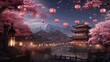 a cherry blossom festival, with lanterns illuminating the delicate pink blooms under the night sky.
