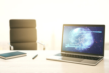 Wall Mural - modern computer screen with abstract graphic coding sketch and world map, big data and networking co