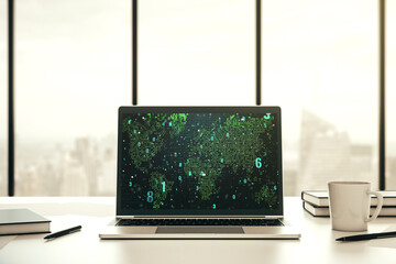 Wall Mural - Computer monitor with abstract creative programming illustration and world map, big data and blockchain concept. 3D Rendering