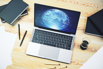 Wall Mural - modern computer screen with abstract graphic coding sketch and world map, big data and networking co