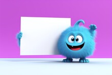3d Cute Monster Holding Up A Blank Sign,colorful Cartoon Character,empty Banner, Generative AI 