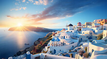Stunning Sunset Over Santorini With White-washed Buildings And Blue Domes.