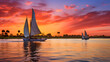 Traditional felucca boats on the Nile River in Egypt during a colorful sunset.
