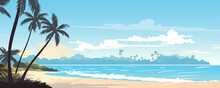 Beautiful Landscape Of Paradise Beach. Sandy Tropical Beach, Sea Waves, Palm Trees, Plants And Amazing Clouds. Beach Holiday. Vector Illustration For Banner, Poster, Card, Cover.
